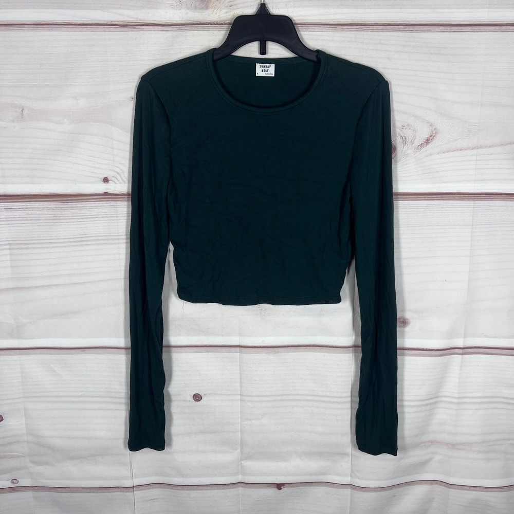 Sunday Best Crop Top Women Small Green Long Sleeve Ribbed Knit Modal Stretch Tee